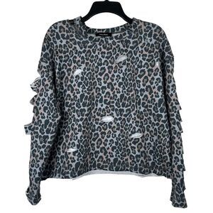 Lea & Viola Distressed Animal Print Top Cut Out Neck & Arms Boxy Womens M Gray